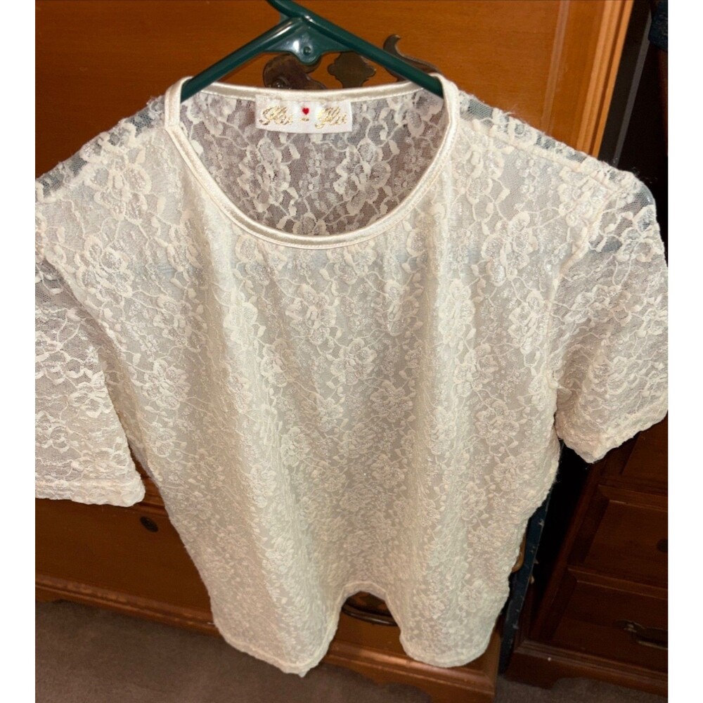Vintage Glu-Glu Cream White Sheer Lace Top Short Sleeve Romantic Bridal / Medium